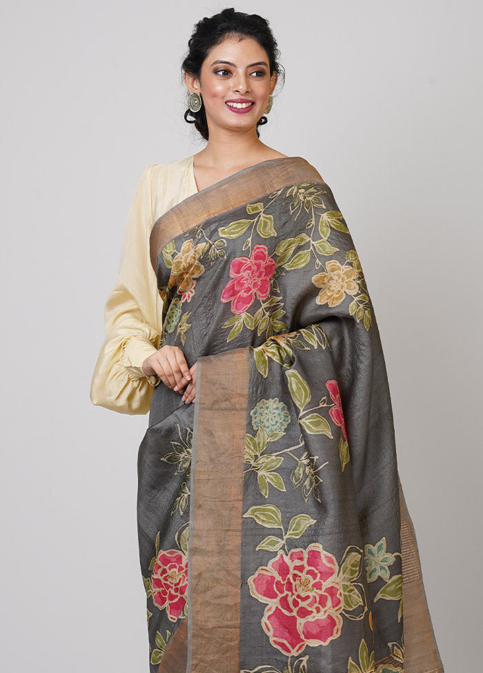 Grey Pure Silk Saree With Blouse Piece - Indian Silk House Agencies