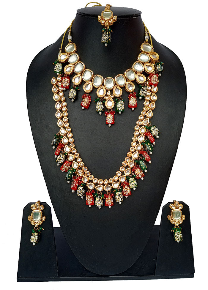 Gold Plated Kundan Jewellery Set With Red And Green Polki - Indian Silk House Agencies