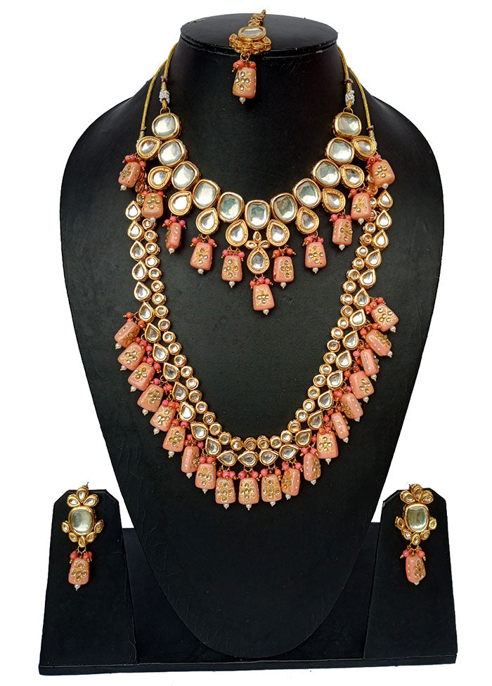 Gold Plated Kundan Jewellery Set With Pink Polki - Indian Silk House Agencies