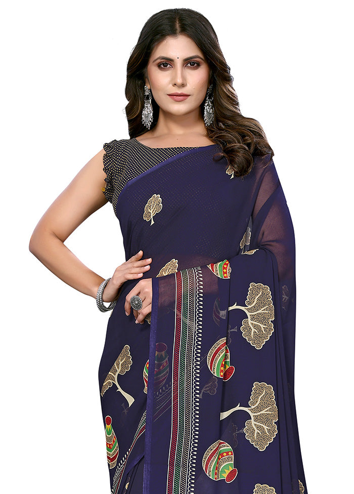 Navy Blue Silk Saree With Blouse Piece - Indian Silk House Agencies