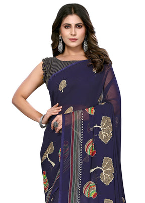 Navy Blue Silk Saree With Blouse Piece - Indian Silk House Agencies