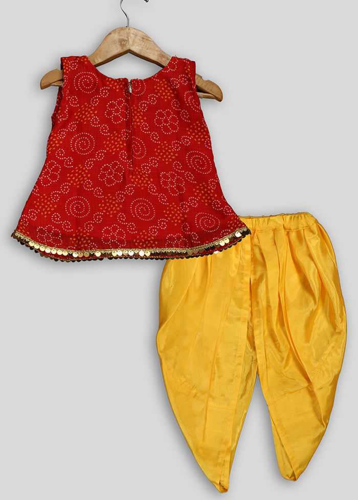 Red Badhani Top and Yellow Dhoti Pant Set - Indian Silk House Agencies