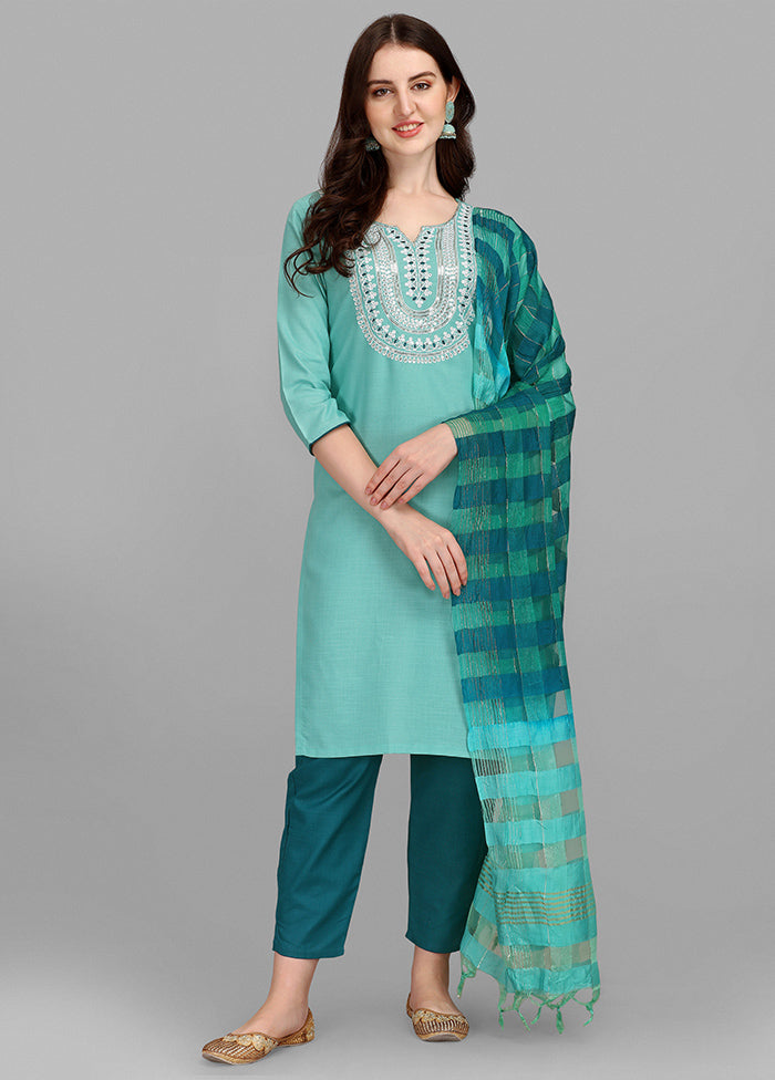 3 Pc Turquoise Blue Readymade Cotton Suit Set - Indian Silk House Agencies