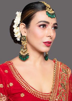 Handcrafted Kundan Emerald Beaded Earrings With Mangtika - Indian Silk House Agencies