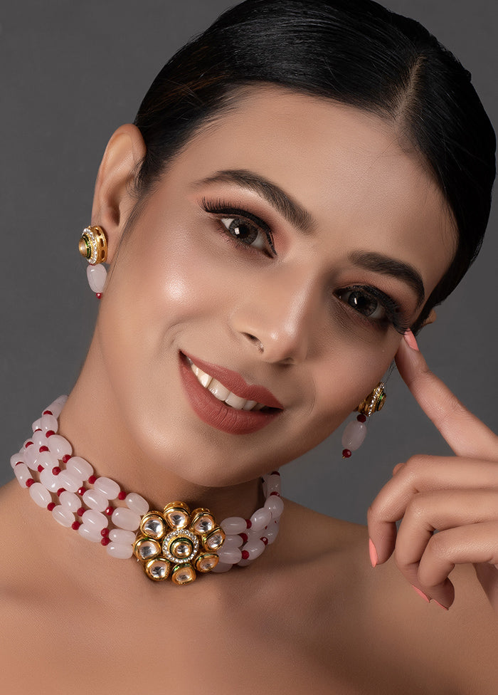 Pink Beaded Gold Tone Kundan Choker With Earrings - Indian Silk House Agencies