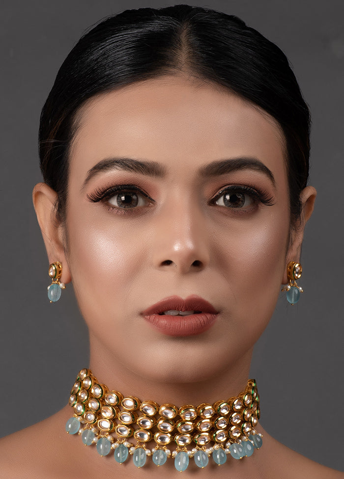 Blue Gold Tone Kundan Beaded Choker With Earrings - Indian Silk House Agencies