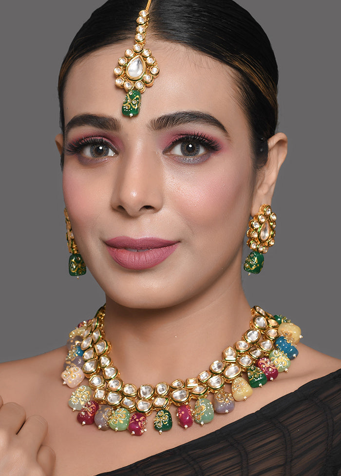 Gold Toned Beaded Kundan Necklace Set - Indian Silk House Agencies