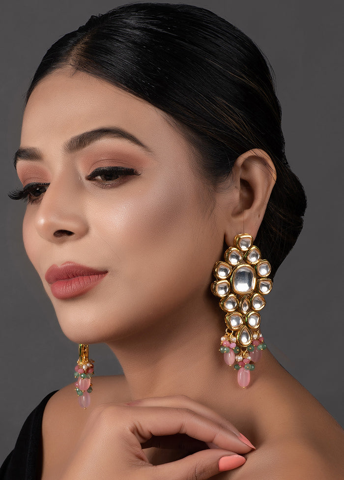 Handcrafted Pink Green Gold Tone Kundan Earrings - Indian Silk House Agencies