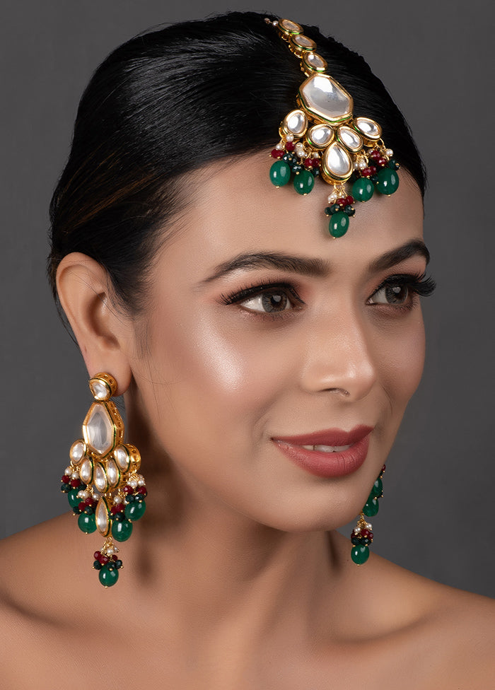 Emerald Beaded Kundan Mangtika With Earrings - Indian Silk House Agencies