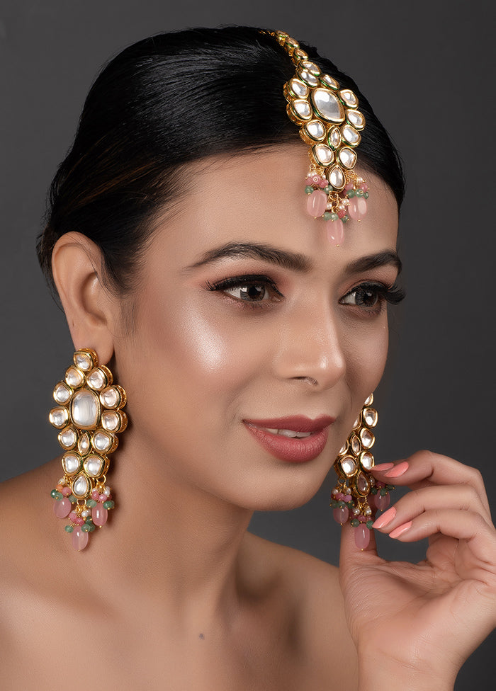 Pink Beaded Gold Tone Kundan Mangtika With Earrings - Indian Silk House Agencies