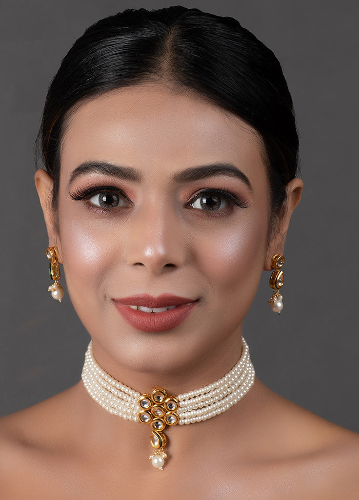 Pearl Beaded Kundan Floral Choker Necklace With Earrings - Indian Silk House Agencies
