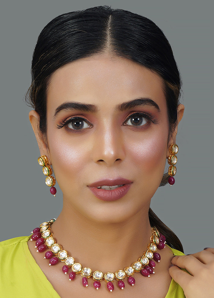 Dark Pink Gold Tone Kundan Necklace With Earrings - Indian Silk House Agencies