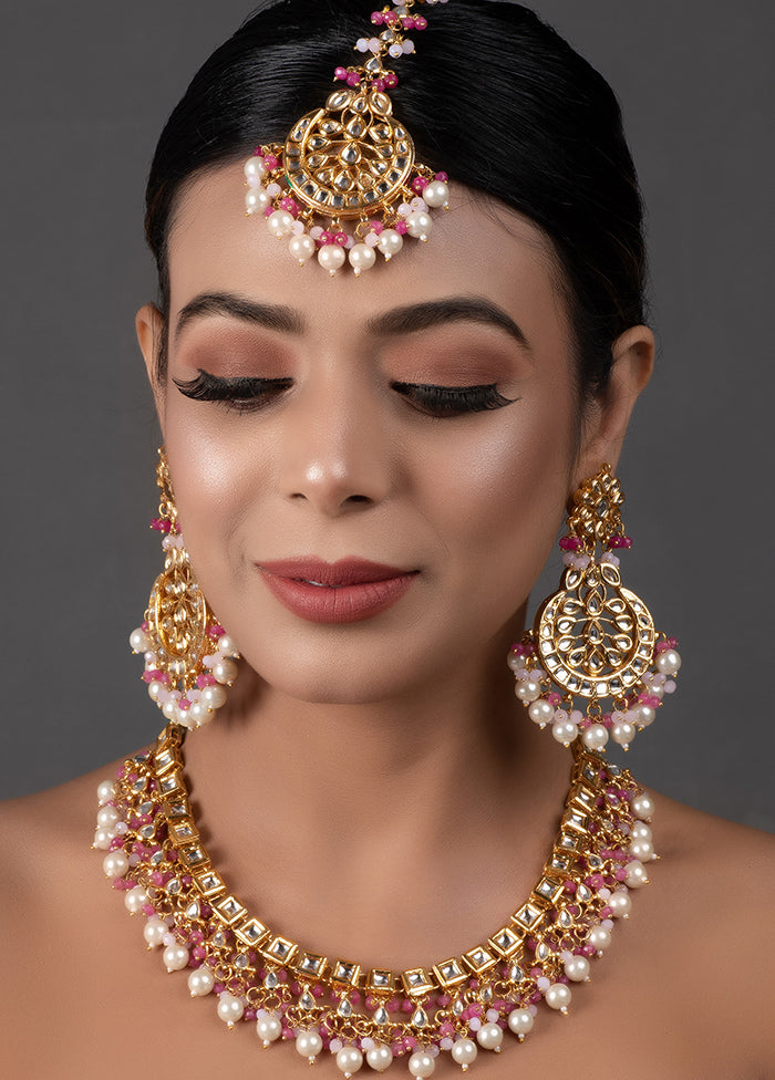 Pearl Pink Beaded Gold Tone Kundan Necklace Set - Indian Silk House Agencies