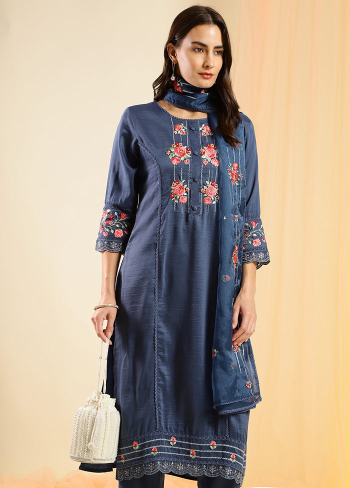 3 Pc Navy Blue Readymade Silk Suit Set - Indian Silk House Agencies
