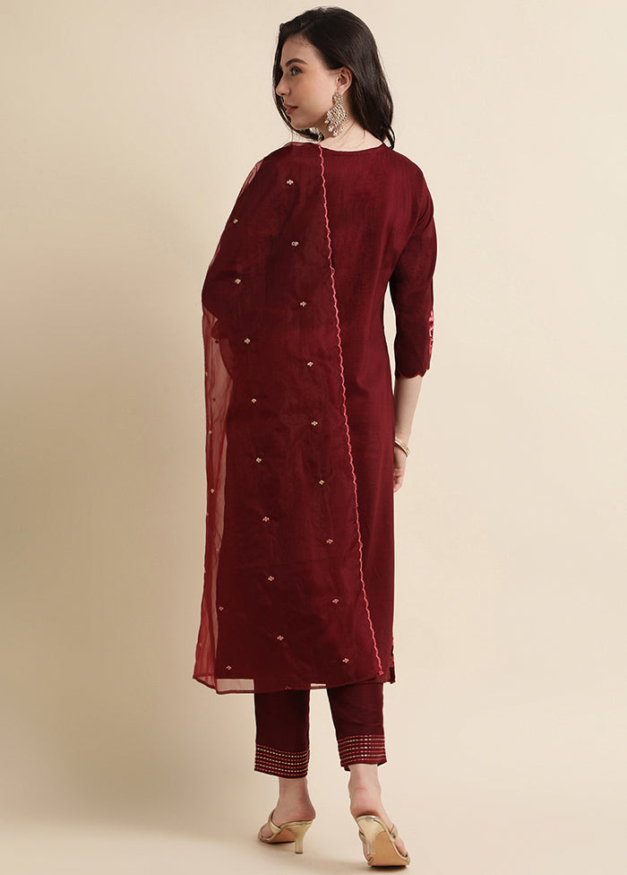 3 Pc Maroon Readymade Silk Suit Set - Indian Silk House Agencies
