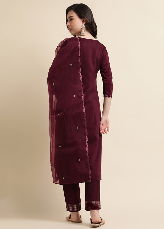 3 Pc Purple Readymade Silk Suit Set - Indian Silk House Agencies
