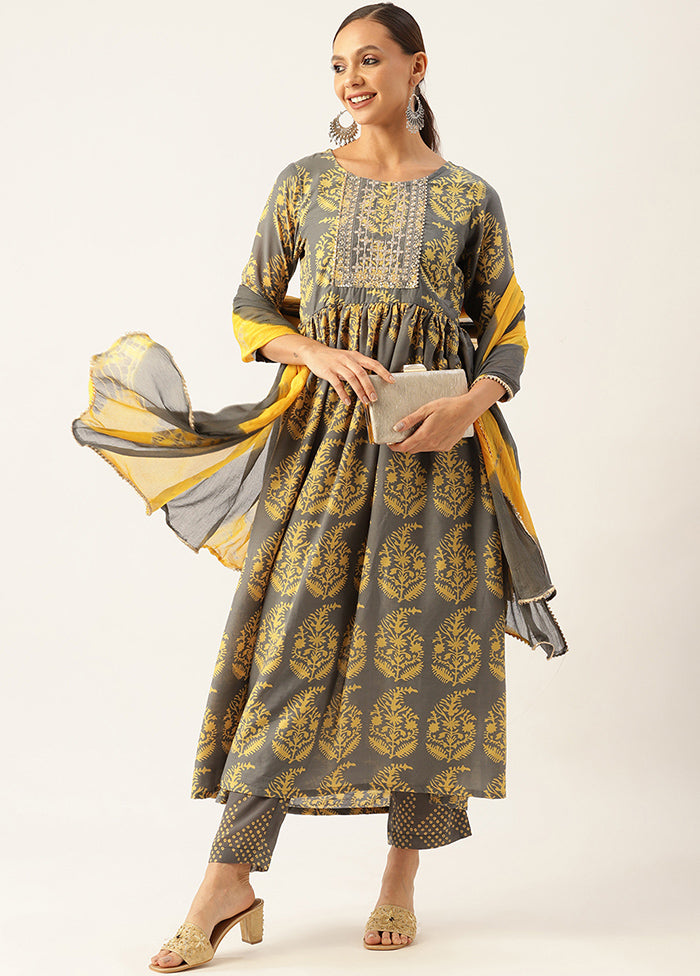 3 Pc Grey Readymade Cotton Suit Set - Indian Silk House Agencies
