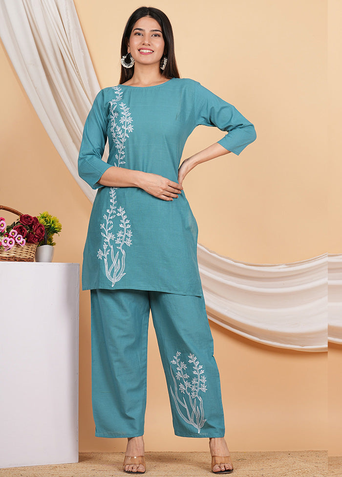 2 Pc Teal Readymade Cotton Coords Set - Indian Silk House Agencies