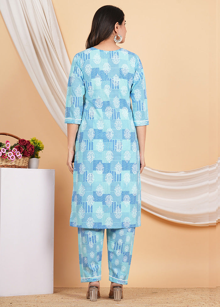 3 Pc Sky Blue Readymade Cotton Suit Set - Indian Silk House Agencies