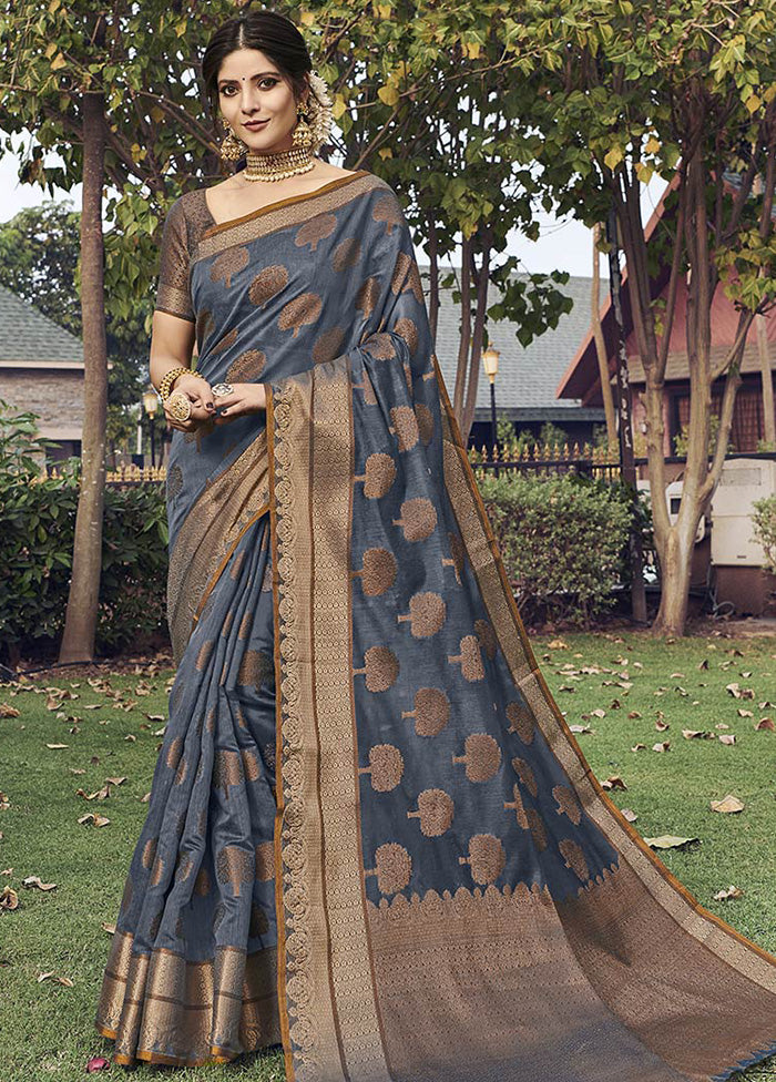 Grey Spun Silk Saree With Blouse Piece - Indian Silk House Agencies