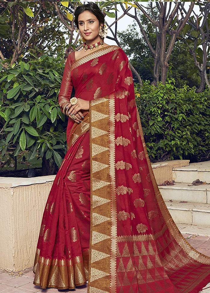 Red Spun Silk Saree With Blouse Piece - Indian Silk House Agencies