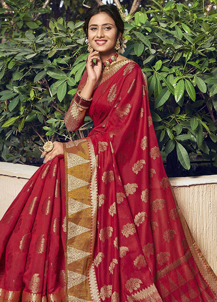 Red Spun Silk Saree With Blouse Piece - Indian Silk House Agencies