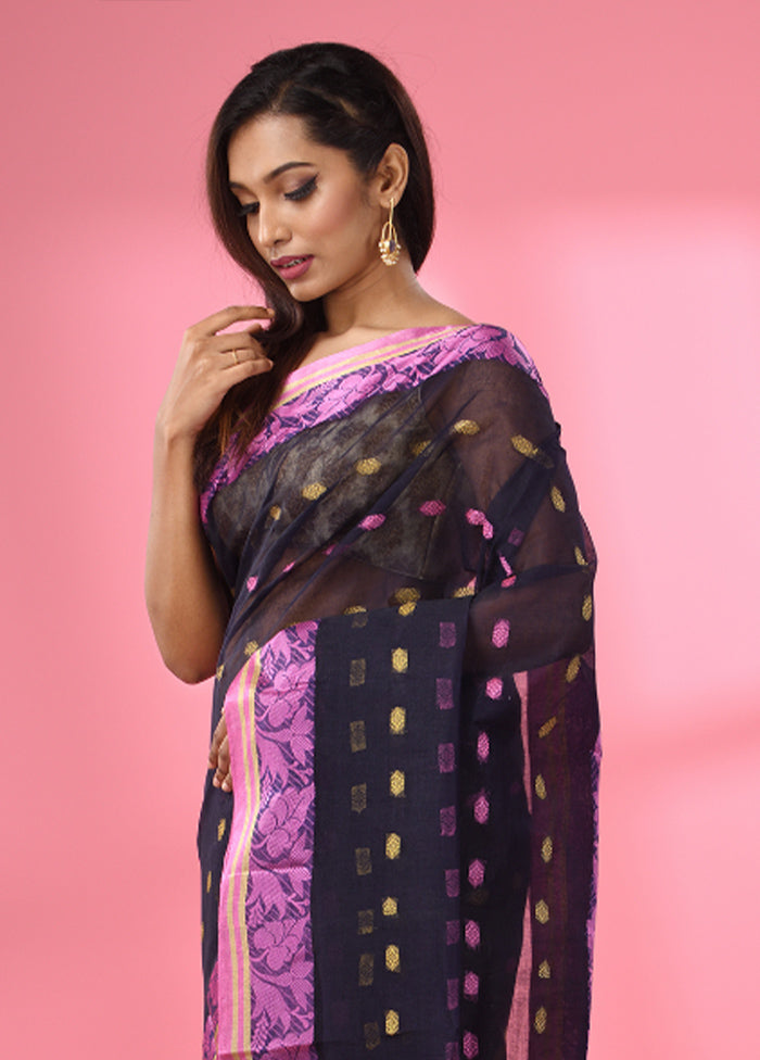 Navy Blue Pure Cotton Saree With Blouse Piece - Indian Silk House Agencies