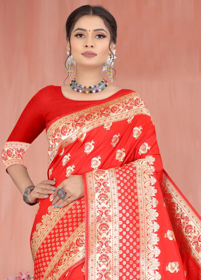 Red Spun Silk Saree With Blouse Piece - Indian Silk House Agencies