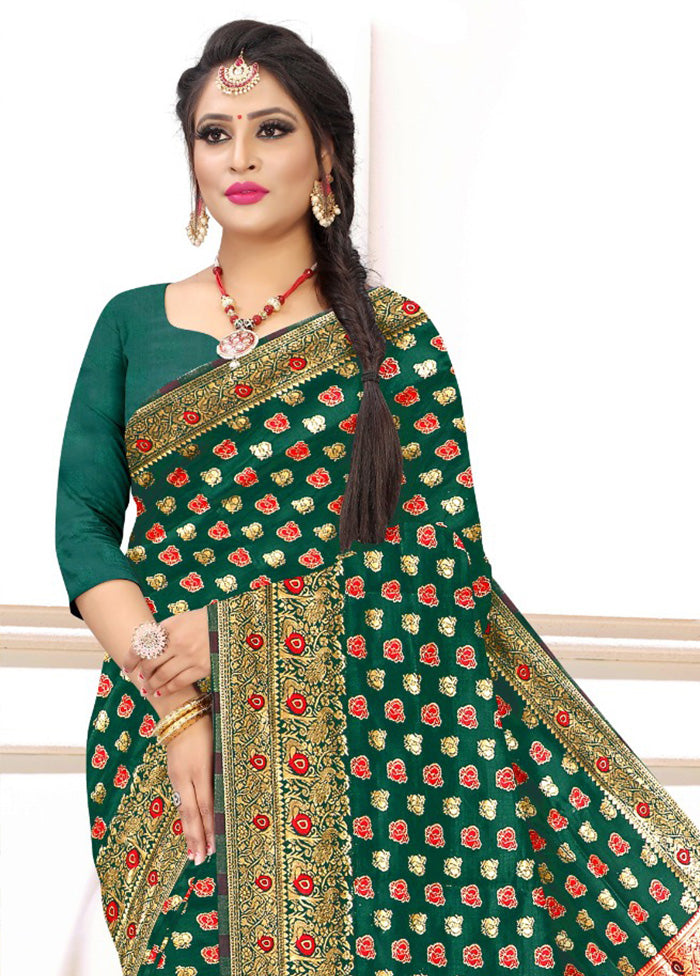 Green Spun Silk Zari Woven Saree With Blouse Piece - Indian Silk House Agencies