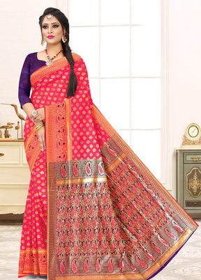 Dark Pink Spun Silk Zari Woven Saree With Blouse Piece - Indian Silk House Agencies