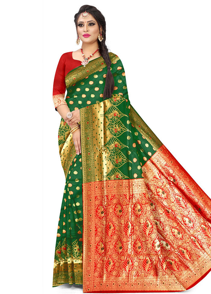 Green Spun Silk Saree With Blouse Piece - Indian Silk House Agencies