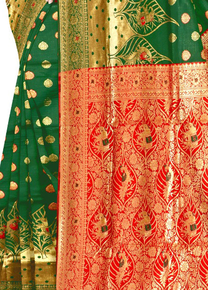 Green Spun Silk Saree With Blouse Piece - Indian Silk House Agencies