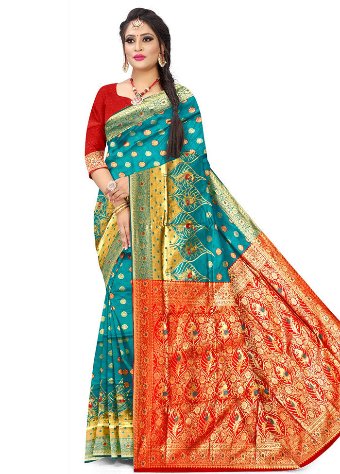 Teal Spun Silk Saree With Blouse Piece - Indian Silk House Agencies