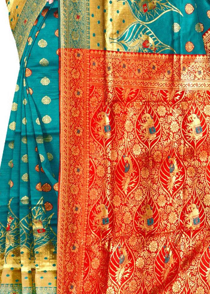 Teal Spun Silk Saree With Blouse Piece - Indian Silk House Agencies