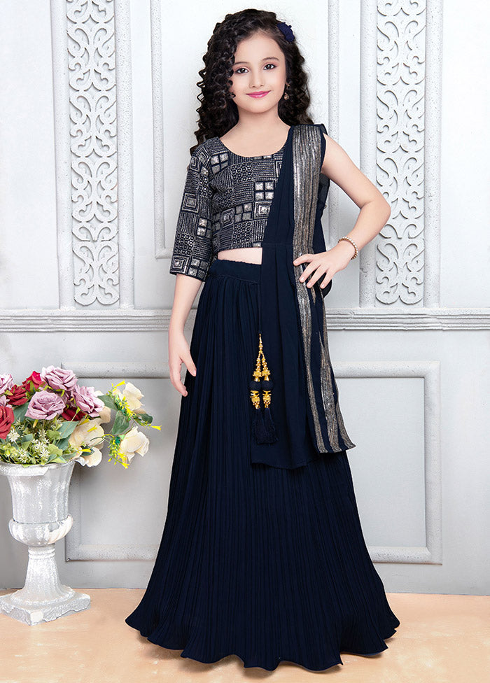 3 Pc Navy Blue Georgette Lehenga Set - Indian Silk House Agencies