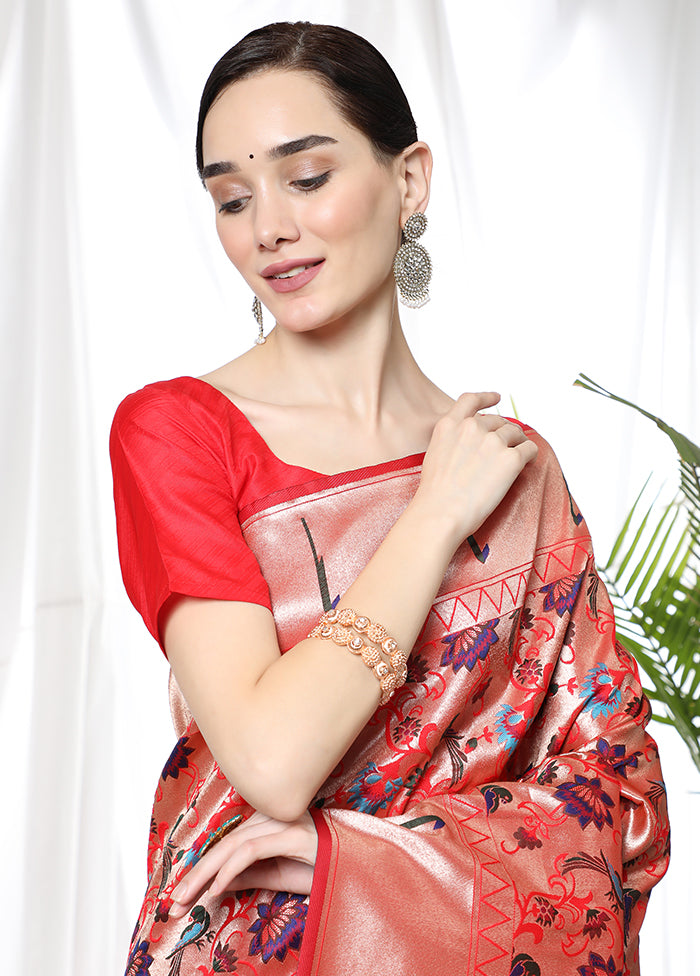 Red Spun Silk Saree With Blouse Piece - Indian Silk House Agencies