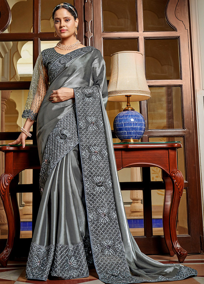 Dark Grey Chiffon Silk Saree With Blouse Piece - Indian Silk House Agencies