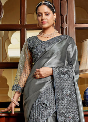 Dark Grey Chiffon Silk Saree With Blouse Piece - Indian Silk House Agencies