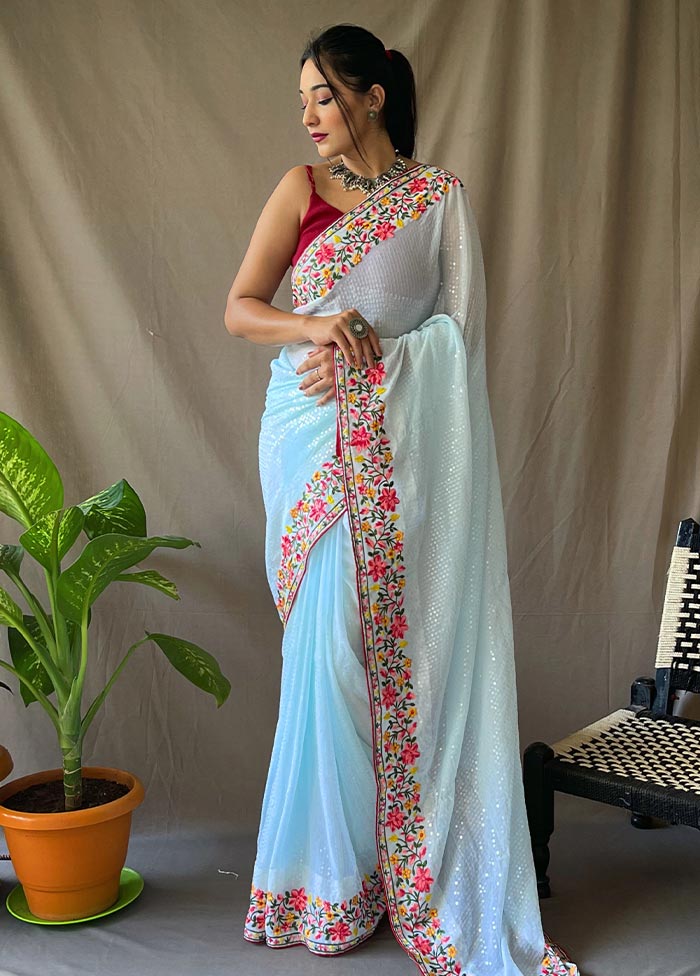 Sky Blue Georgette Saree With Blouse Piece - Indian Silk House Agencies