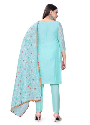 3 Pc Sky Blue Unstitched Georgette Suit Set - Indian Silk House Agencies