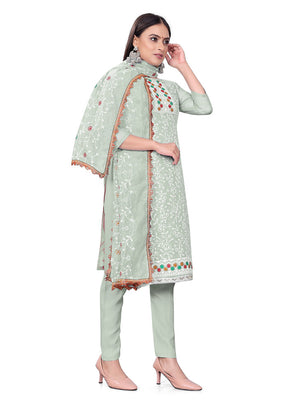 3 Pc Pista Green Unstitched Georgette Suit Set - Indian Silk House Agencies