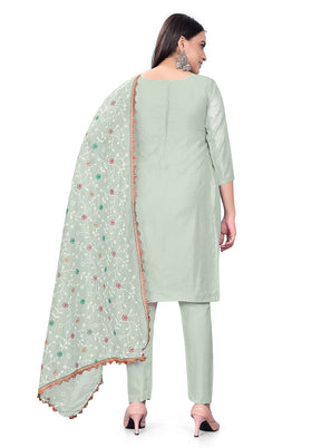 3 Pc Pista Green Unstitched Georgette Suit Set - Indian Silk House Agencies