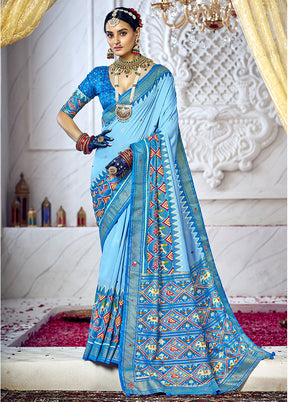 Light Blue Cotton Saree With Blouse Piece - Indian Silk House Agencies