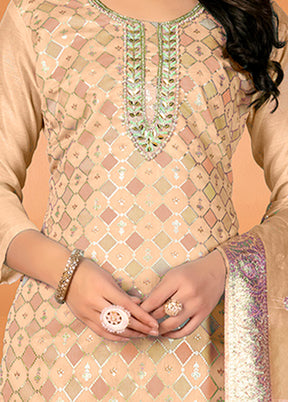 3 Pc Peach Unstitched Silk Suit Set - Indian Silk House Agencies