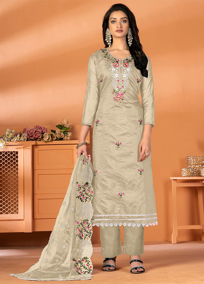 3 Pc Beige Unstitched Silk Suit Set - Indian Silk House Agencies