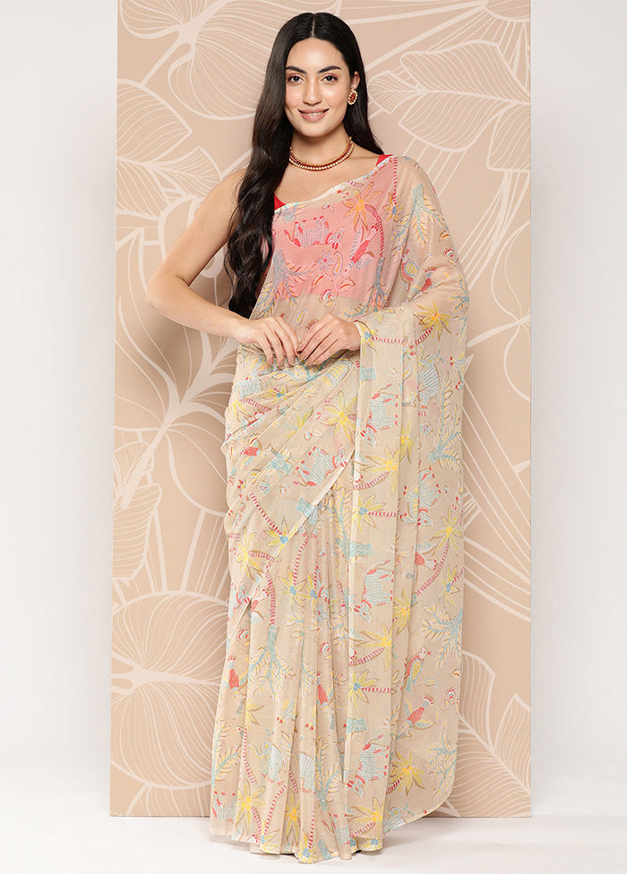 Beige Chiffon Silk Saree With Blouse Piece - Indian Silk House Agencies