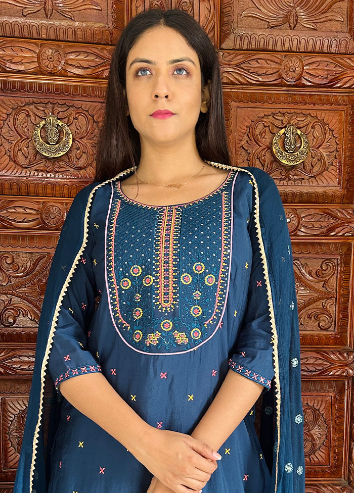 3 Pc Blue Readymade Viscose Suit Set - Indian Silk House Agencies