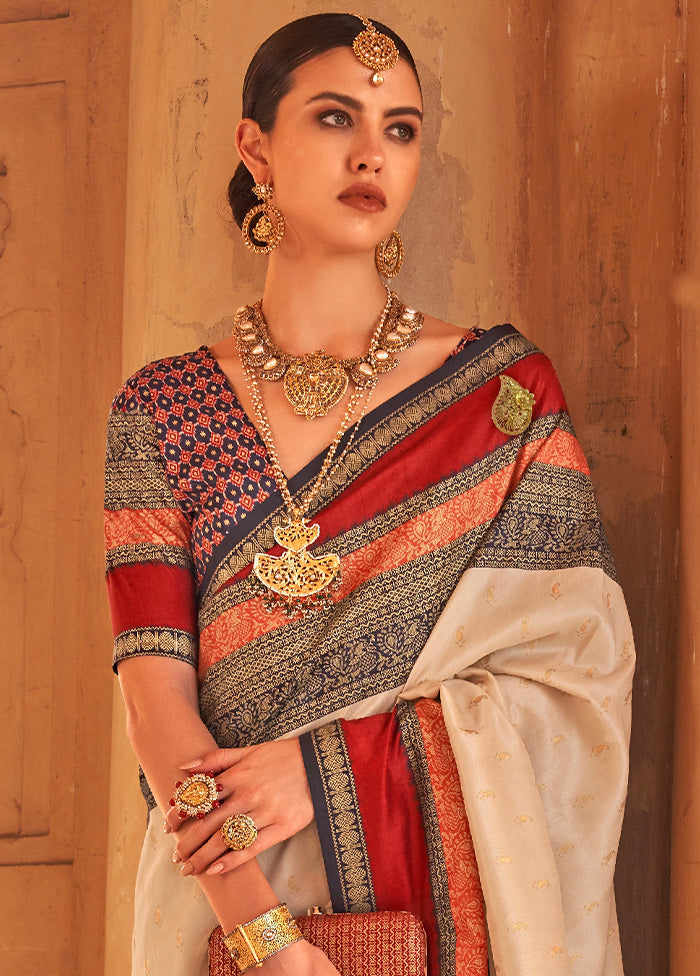 CREAM Dupion Silk Saree With Blouse Piece - Indian Silk House Agencies
