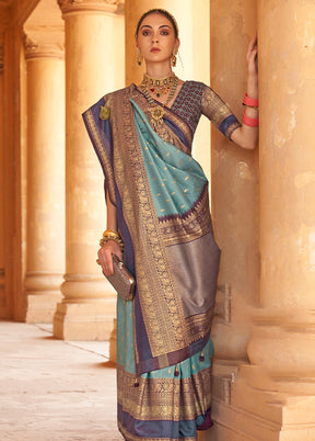 BLUE Dupion Silk Saree With Blouse Piece - Indian Silk House Agencies