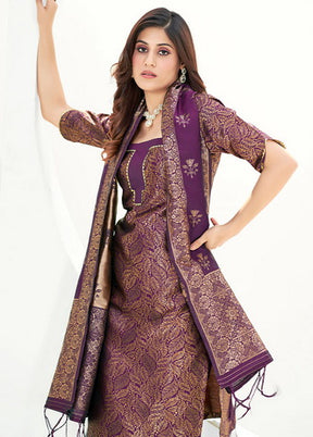 3 Pc Purple Unstitched Silk Suit Set - Indian Silk House Agencies